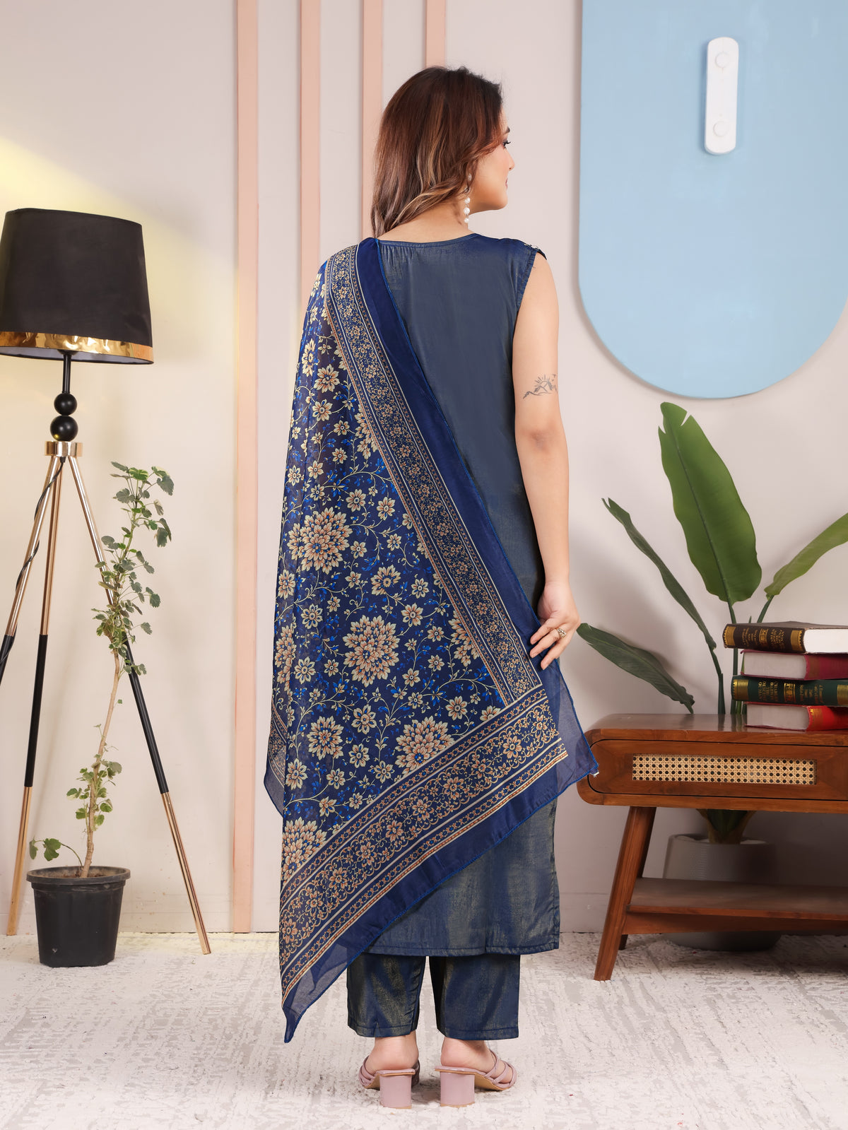 Navy Blue Floral Kurta Pant Set for Women