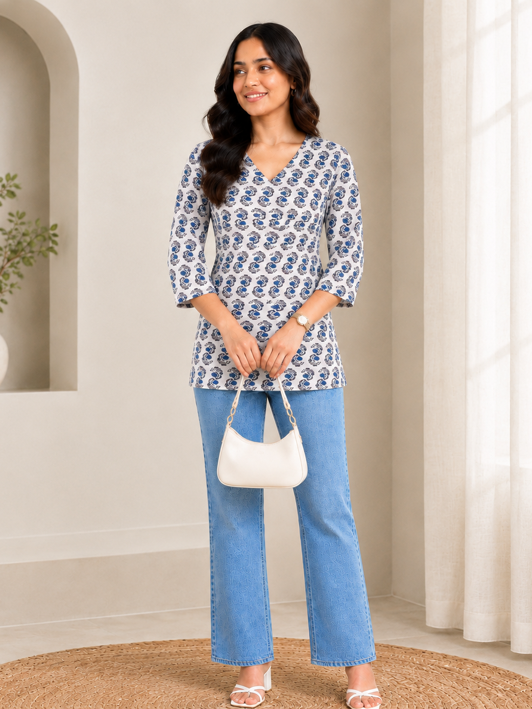 Elegant Printed V Neck Kurti Top for Women