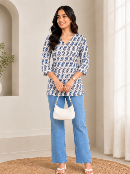 Elegant Printed V Neck Kurti Top for Women