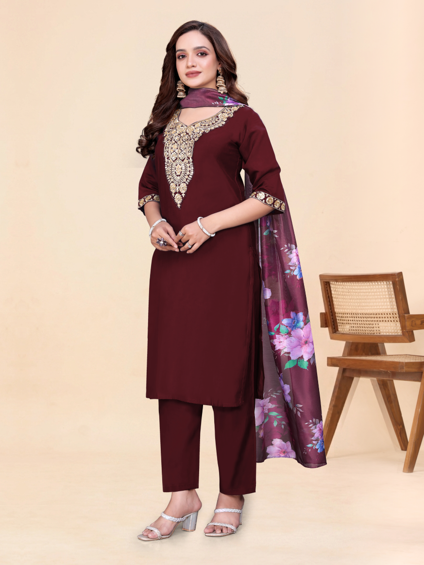 Women's Maroon Kurti Pant Set with Dupatta