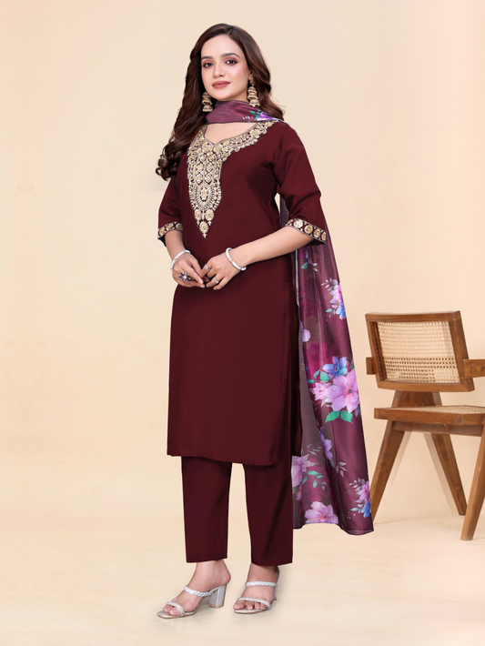 Women's Maroon Kurti Pant Set with Dupatta