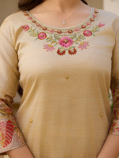 Cream Woven Work Kurta Pant Set with Designer Dupatta