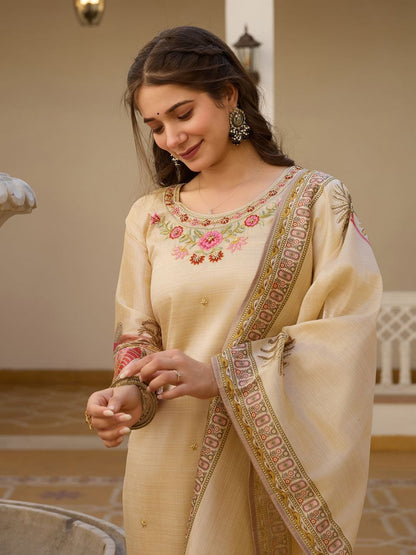 Cream Woven Work Kurta Pant Set with Designer Dupatta
