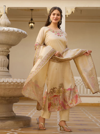 Cream Woven Work Kurta Pant Set with Designer Dupatta