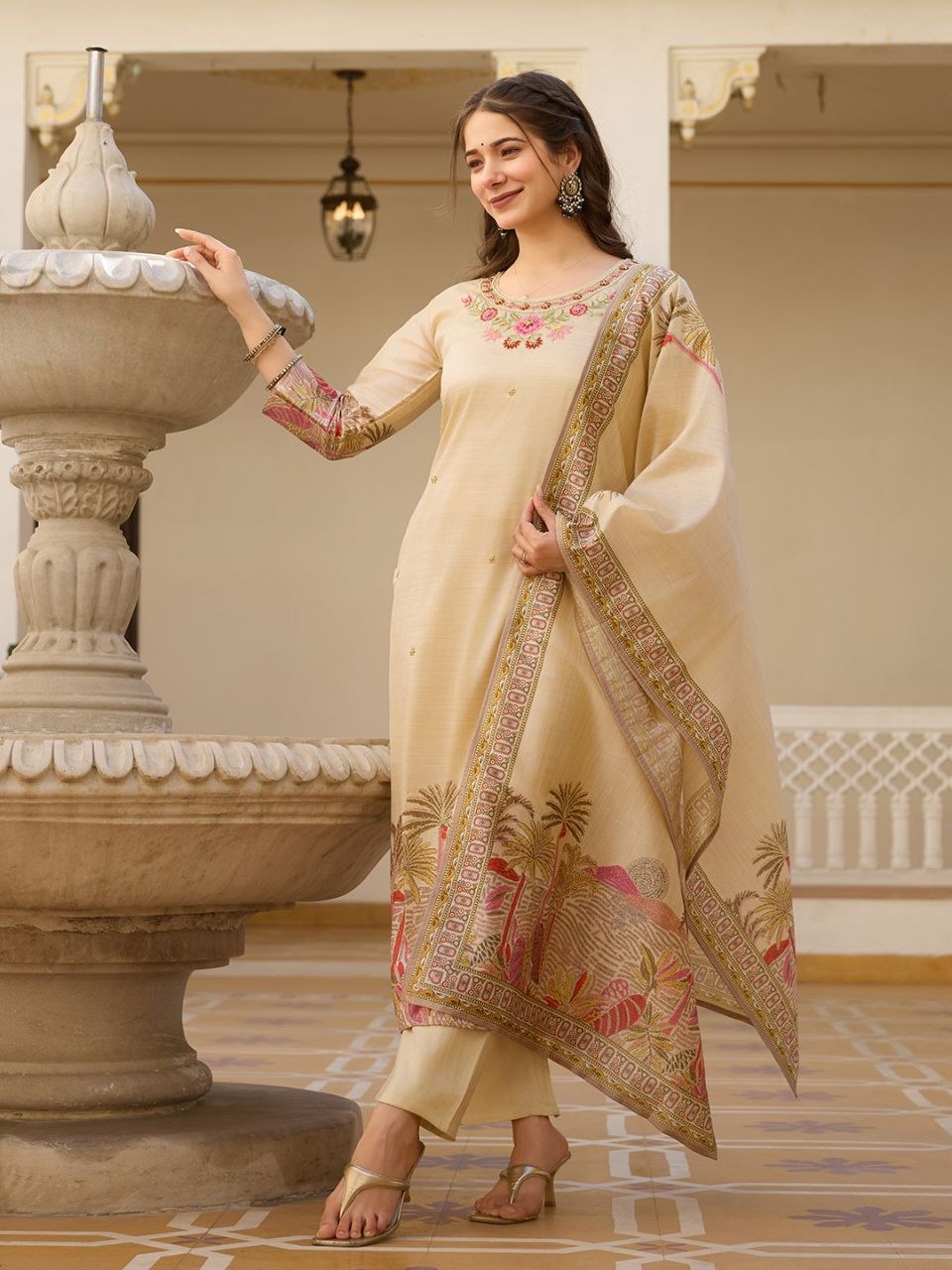 Cream Woven Work Kurta Pant Set with Designer Dupatta