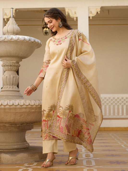 Cream Woven Work Kurta Pant Set with Designer Dupatta