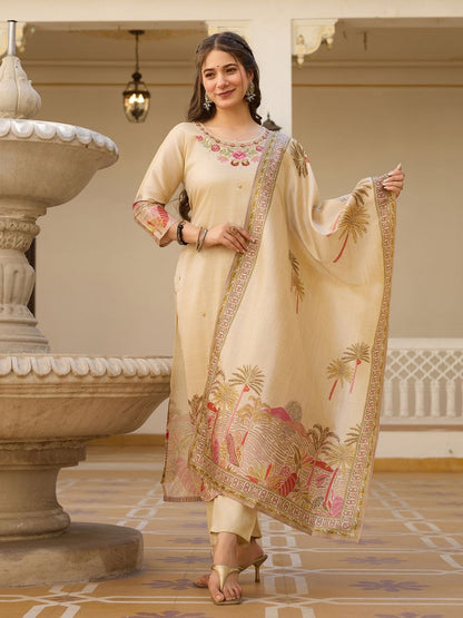 Cream Woven Work Kurta Pant Set with Designer Dupatta