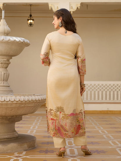 Cream Woven Work Kurta Pant Set with Designer Dupatta