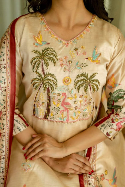 Women Cream Floral Embroidered Kurta Pant Set With Dupatta