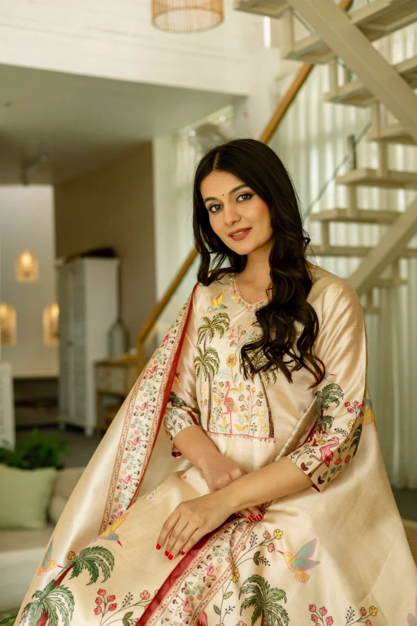 Women Cream Floral Embroidered Kurta Pant Set With Dupatta