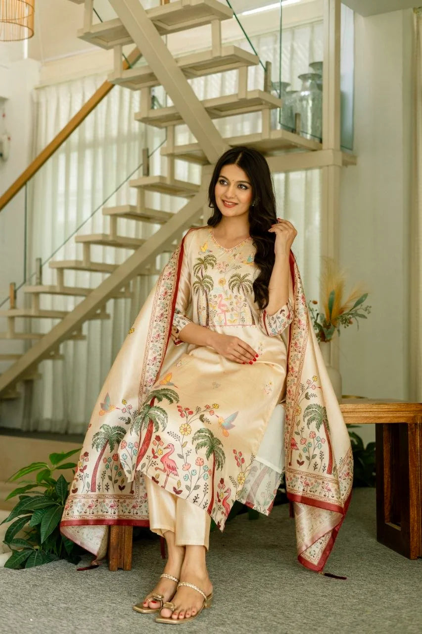 Women Cream Floral Embroidered Kurta Pant Set With Dupatta