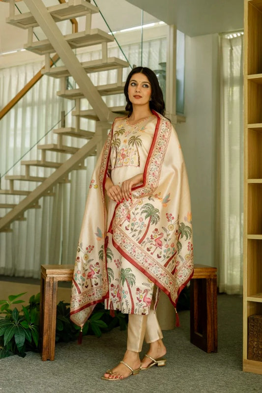 Women Cream Floral Embroidered Kurta Pant Set With Dupatta