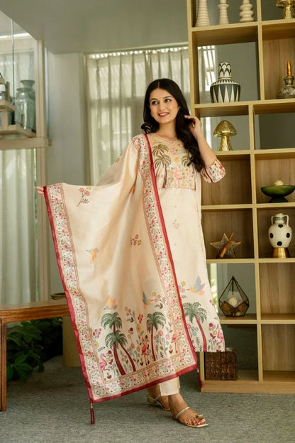 Women Cream Floral Embroidered Kurta Pant Set With Dupatta