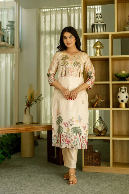 Women Cream Floral Embroidered Kurta Pant Set With Dupatta