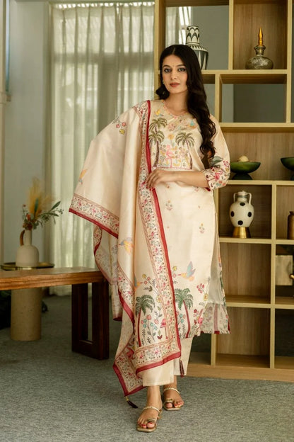 Women Cream Floral Embroidered Kurta Pant Set With Dupatta