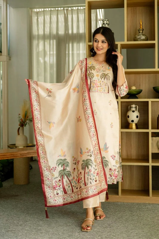 Women Cream Floral Embroidered Kurta Pant Set With Dupatta