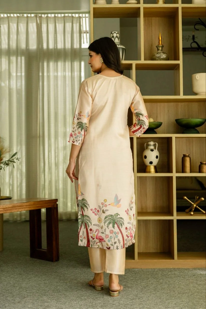 Women Cream Floral Embroidered Kurta Pant Set With Dupatta