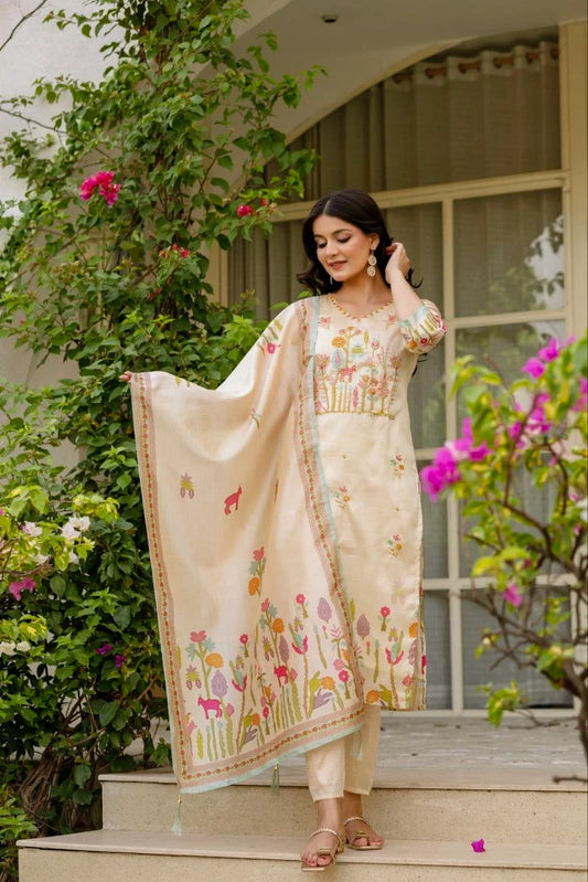 Women Cream Floral Woven Work Kurta Pant Set With Dupatta