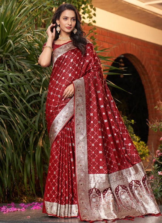 Red Banarasi Silk Saree with Heritage Woven Motifs
