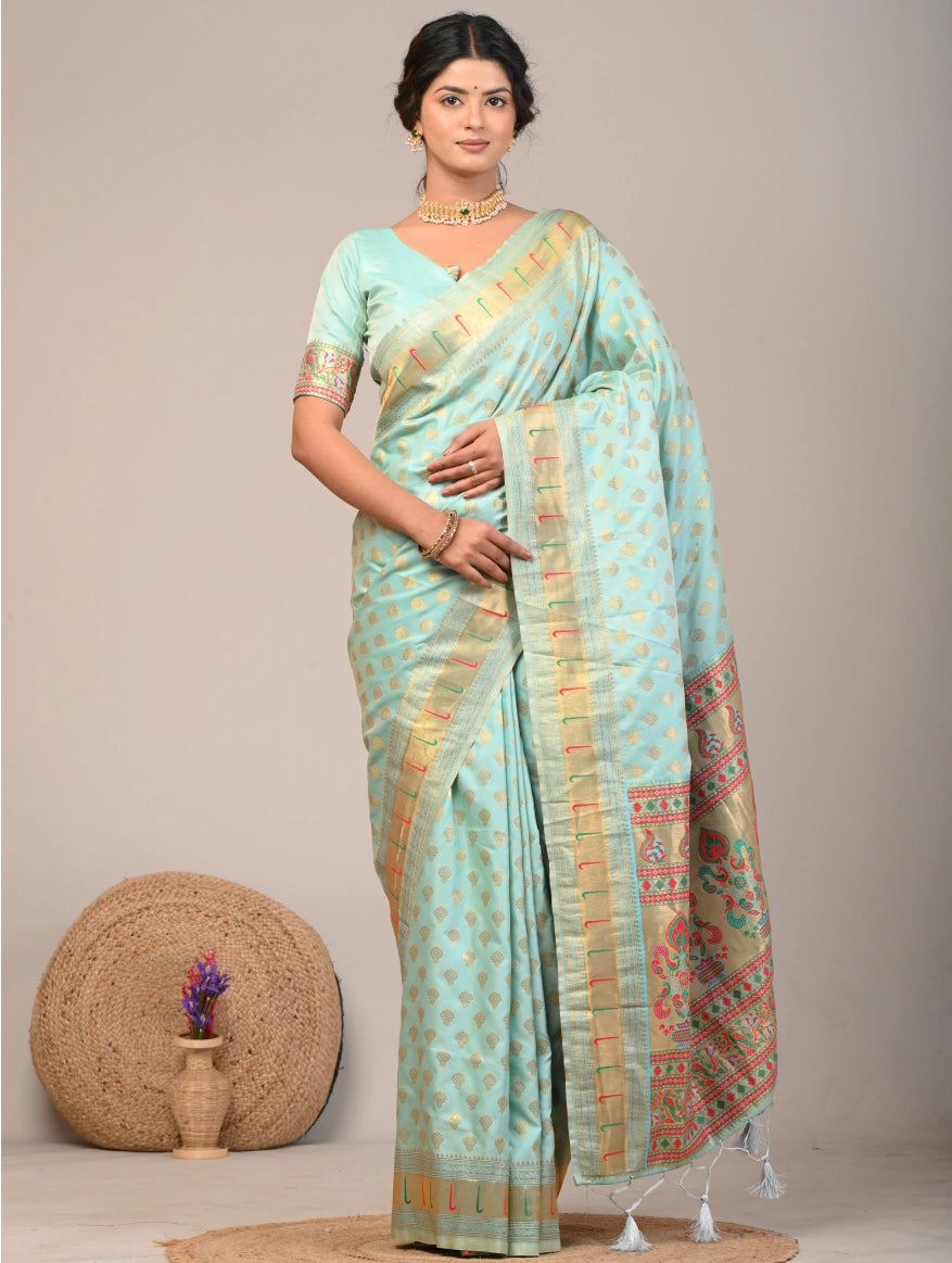 Mint Green Woven Saree With Printed Pallu Border