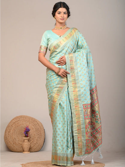 Mint Green Woven Saree With Printed Pallu Border