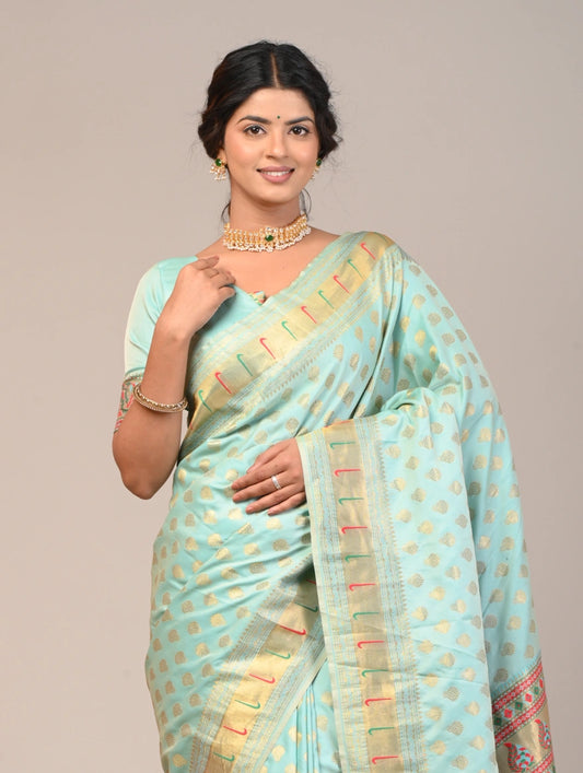 Mint Green Woven Saree With Printed Pallu Border
