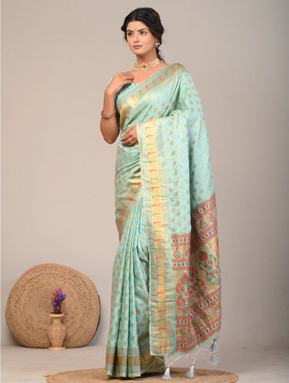Mint Green Woven Saree With Printed Pallu Border