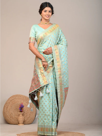 Mint Green Woven Saree With Printed Pallu Border