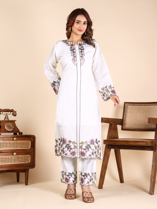 White Embroidered Women's Viscose Rayon Kurti Pant Set